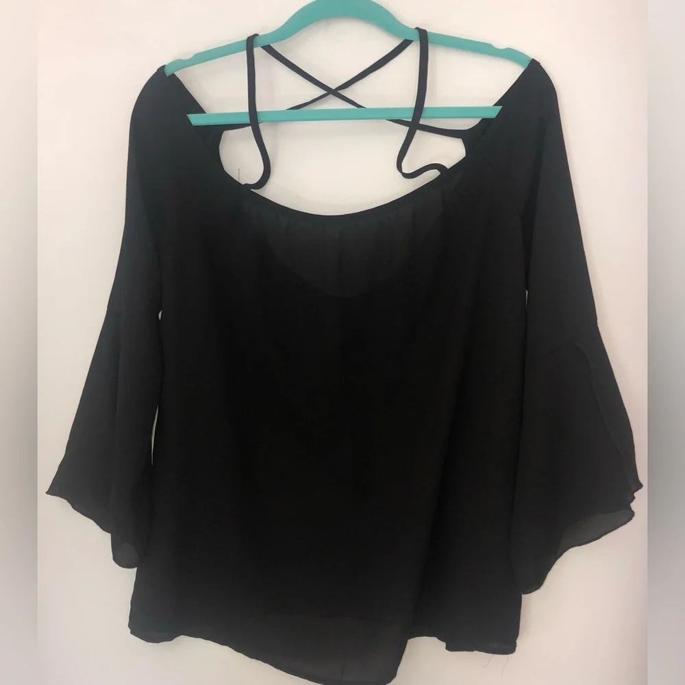 Lovely Day Top S Black Sheer Off Shoulder Cross Strap Back Slit Flare Sleeve VTG